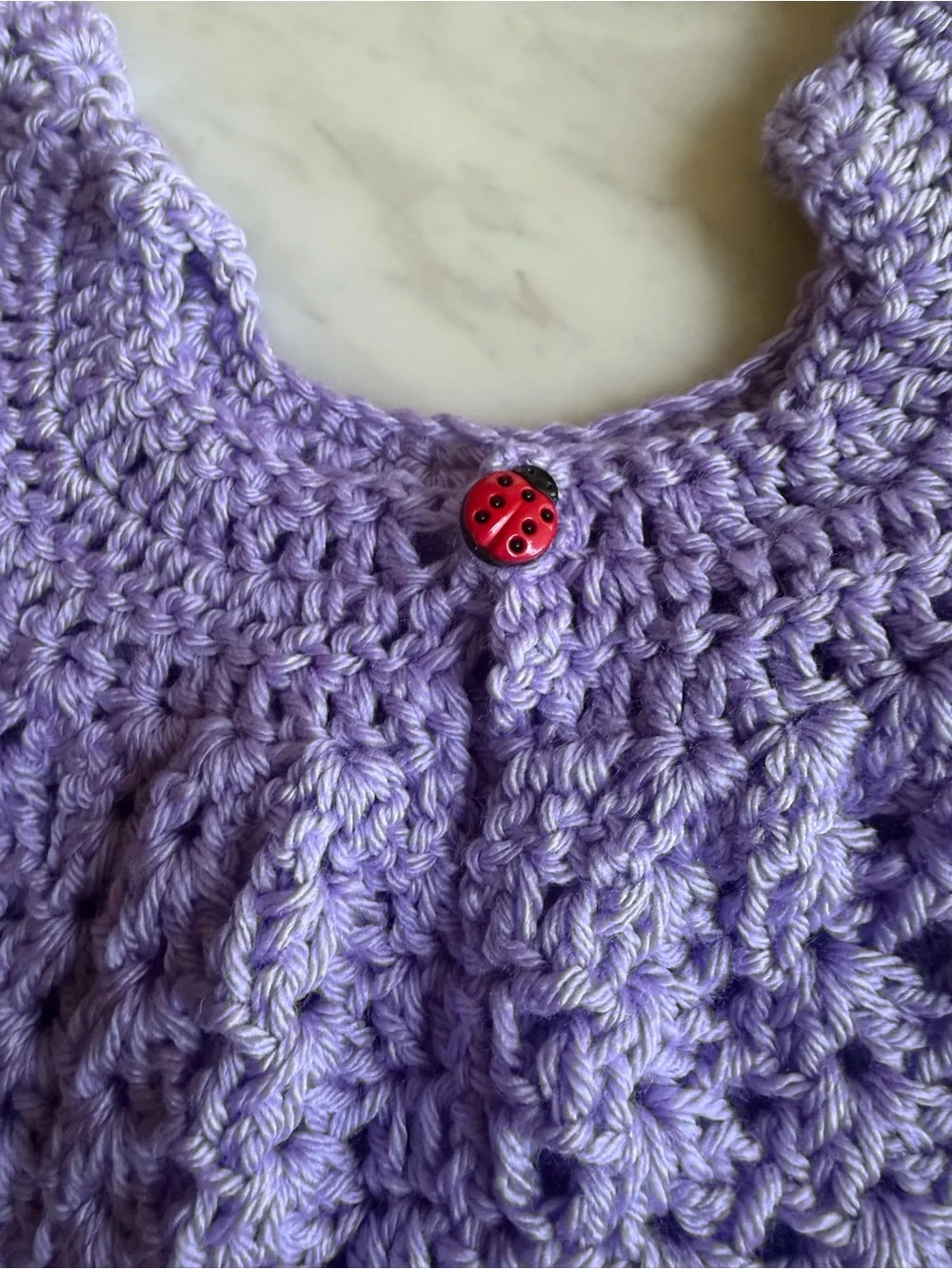 Handmade Crochet Baby Girl Lavender Purple Dress Ladybug Button 6-9 Months